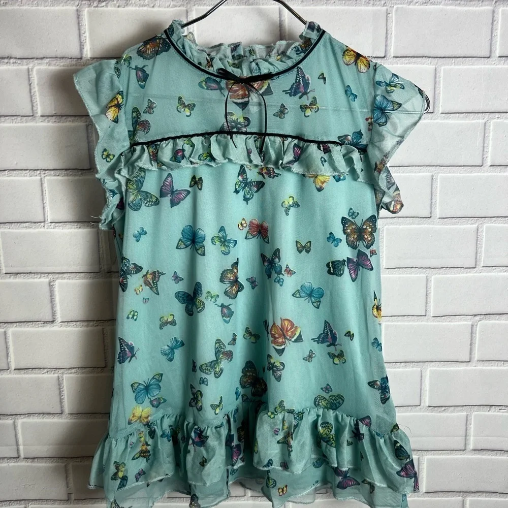 Knitworks Butterfly Print Ruffle girls blouse / green size L(14)